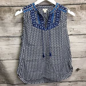 J. Crew Chevron Embroidered Yoke Cotton Sleeveless Tunic Tank Top